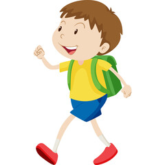 Smiling young boy wearing a yellow t-shirt blue shorts and red shoes with a green backpack walking happily with a transparent background