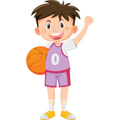 Smiling young boy with brown hair wearing a purple basketball jersey and shorts holding an orange basketball with his arm raised in celebration on a transparent background
