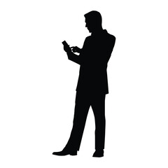 Silhouette illustration of a man in a business suit holding and interacting with a mobile phone. Conveys themes of communication, technology, business, connection, texting, or modern life.