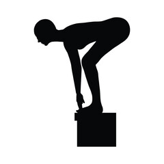 Silhouette illustration of a woman in a diving stance on a starting block, poised for a race. Ideal for themes of competitive swimming, determination, sport, fitness, ready to start, or focus.