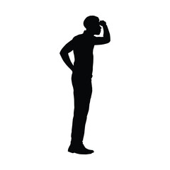 Silhouette illustration of a man standing in profile, using his hand to shade his eyes while scanning the distance. Conveys themes of search, exploration, looking ahead, vision, or future.
