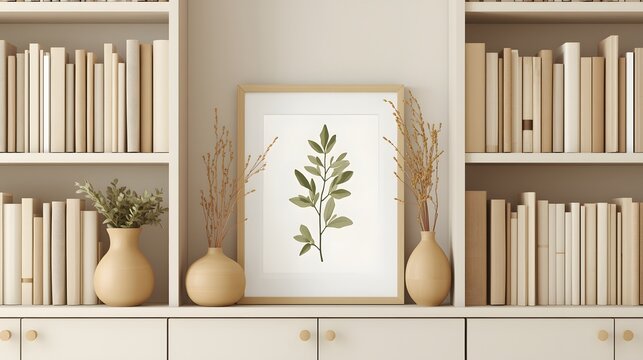 Minimalist beige bookshelf with neutral tone books, botanical art print, and ceramic vases arranged in a calm, modern interior setting ideal for elegant home décor and lifestyle concepts