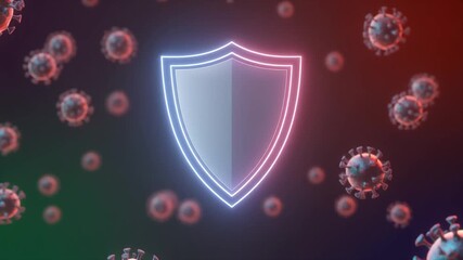 animation shield symbol protecting against floating virus particles, smooth motion, glowing gradients, clean medical design, seamless loop, modern health protection style - Powered by Adobe