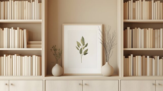 Minimalist beige bookshelf with neutral tone books, botanical art print, and ceramic vases arranged in a calm, modern interior setting ideal for elegant home décor and lifestyle concepts
