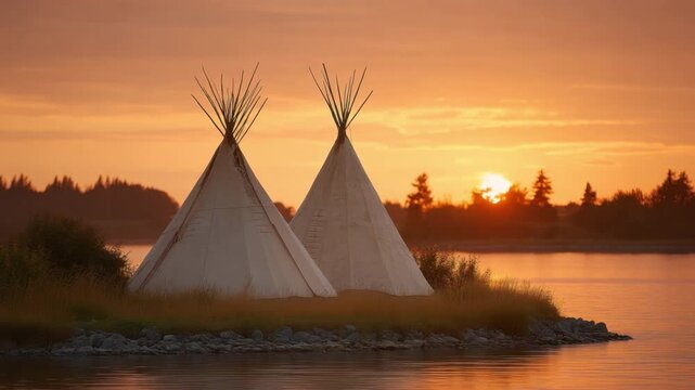 Traditional Native American Tipis at Sunset Reflected on Calm Water in Serene Natural Landscape 4k video footage