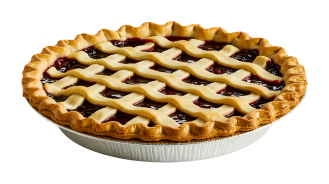 Delicious homemade cherry pie with a lattice crust baked to golden brown perfection, isolated on transparent background