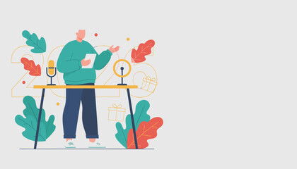 Podcast host delivering a winter holiday or New Year message Flat vector illustration template
