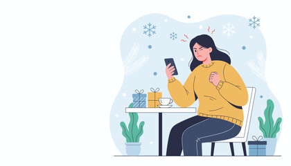 Angry woman reads bad news on her smartphone frustrated by stressful winter holidays