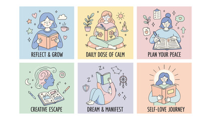 Set of 6 illustrations depicting selfcare reading and journaling for mental health and reflection