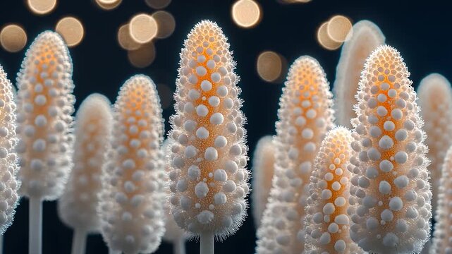 Close-up of miniature, cone-shaped, textured, light-tan/beige structures