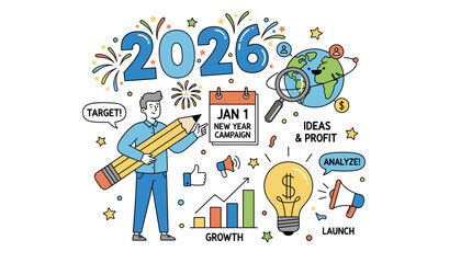 New Year 2026 business goals campaign strategy planning and profit generation doodle