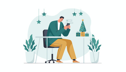 Man sad and isolated checking depressing news on his phone during the Christmas holiday