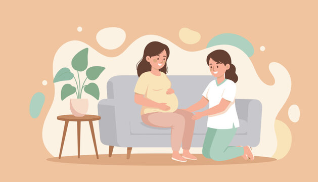 Happy pregnant woman receiving professional support and prenatal care from a smiling midwife at home - Powered by Adobe