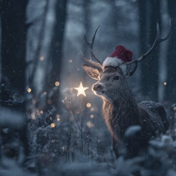 Majestic deer in festive santa hat illuminated by star in snowy winter forest