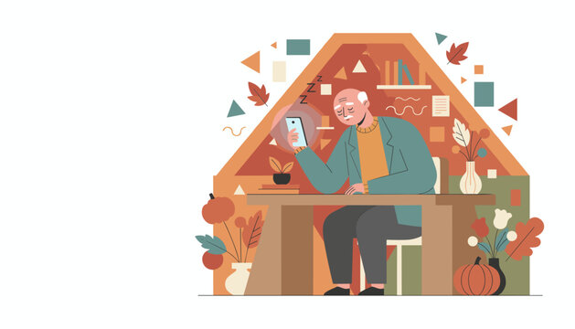 Tired senior man falls asleep holding a glowing smartphone at his desk in an autumn home