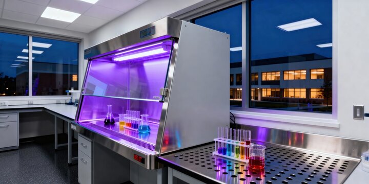 Modern laboratory interior with test tubes and UV sterilization cabinet at night, showcasing scientific equipment and research environment