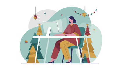 Obraz premium Woman working at computer desk decorated for Christmas Remote holiday business concept