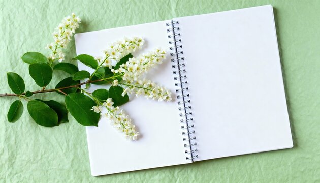 Open spiral notebook with blank white pages and blooming branch of white flowers on green textured background - Powered by Adobe