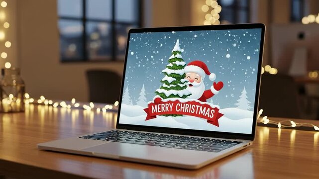 Laptop displaying a festive Merry Christmas illustration with Santa Claus and a snow-covered Christmas tree on a wooden desk with blurred string lights.