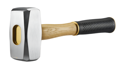 Heavy duty sledgehammer with wooden handle and black rubber grip isolated on transparent background for construction or demolition work