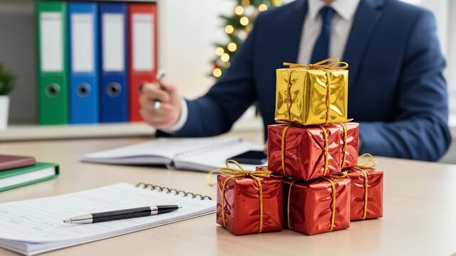 Businessman in a blue suit writing in a notebook at an office desk with a stack of festive Christmas gifts, symbolizing holiday season work and year-end planning.