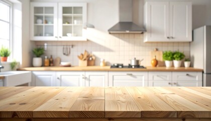 Fototapeta premium Clean, modern kitchen with a bright, light wood countertop in the foreground.