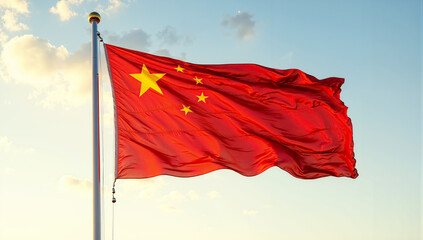 Chinese flag waving in the wind under bright sunlight, symbol of national pride, unity, identity, and China’s cultural significance captured in vivid detail