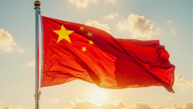 Chinese flag waving in the wind under bright sunlight, symbol of national pride, unity, identity, and China’s cultural significance captured in vivid detail