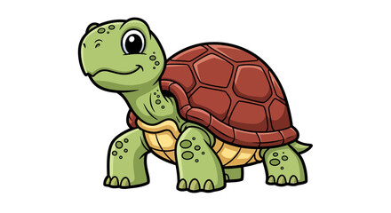 Cute cartoon turtle with a green body and brown shell smiling on a white background, illustrated in a friendly style.