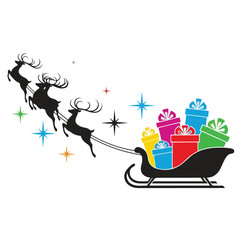 Naklejka premium Silhouette of reindeer pulling a sleigh with colorful gifts against a white background with starburst shapes.