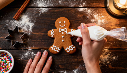 Decorating a gingerbread man cookie with white icing on a wooden table surrounded by baking tools and colorful sprinkles