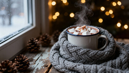 Cozy winter scene with a mug of hot chocolate topped with marshmallows, wrapped in a knitted scarf, near a window and festive lights.