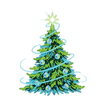 Illustration of a decorated Christmas tree with blue swirly lights and ornaments on a white background.