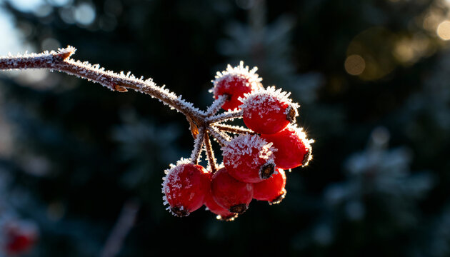Close-up of frosted red berries on a branch in winter sunlight with blurred dark background