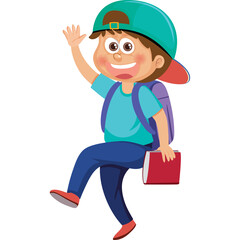 Smiling young boy with turquoise cap and backpack sitting on a book waving hello joyful expression wearing blue shirt and pants, ready for school education concept