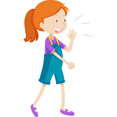 Smiling young girl with red ponytail walking and waving with a teal overall and purple shirt on a transparent background