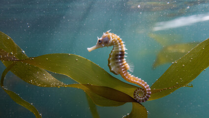 Graceful seahorse resting gently on seaweed, a captivating underwater scene showcasing nature's delicate beauty and the wonders of marine life