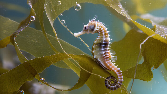 Delicate seahorse gracefully swims among the seaweed in a tranquil ocean habitat, a peaceful scene of marine life with bubbles and serene underwater beauty
