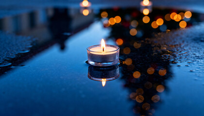 Single tealight candle burning on wet surface with blurred festive lights in the background, creating a peaceful and reflective atmosphere
