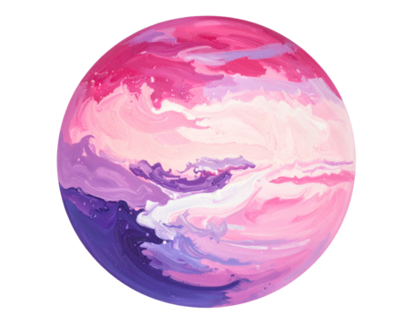 Swirling pink, purple, and white clouds on a planetary orb
