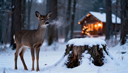 Deer standing in snowy forest with cabin illuminated for winter  