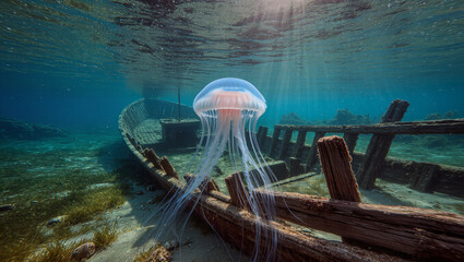 Graceful jellyfish dances near a sunken shipwreck, sunbeams illuminating the depths, perfect for ocean conservation or marine biology presentations