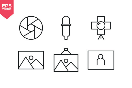 Set of line icons related to camera aperture, eyedropper tool,  studio soft box light, landscape picture,  hanging picture frame, portrait picture. Editable stroke. Vector illustration