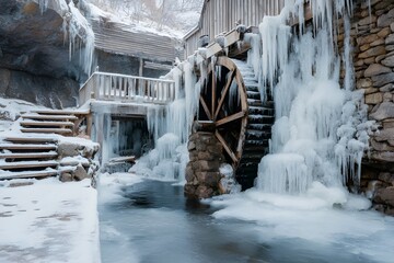 Frozen Waterwheel Covered In Icicles Beside Old Mill Winter Landscape Historical Structure Architecture Photography
