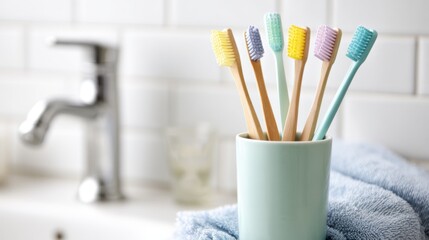 Colorful toothbrushes standing in cup on bathroom counter. Soft light and pastel tones creating fresh, clean setting for daily oral hygiene and family dental care