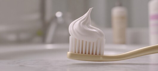 Close-up of toothbrush with swirl of white toothpaste on bristles. Clean oral care tools and daily dental hygiene