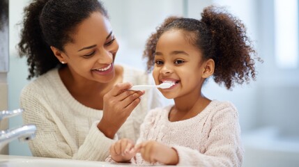 Mother assisting her daughter with brushing teeth in well-lit bathroom. Daily oral hygiene, family care and healthy childhood habits