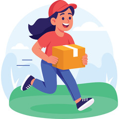 Smiling Young Woman in Red Cap and Orange Shirt Running with Cardboard Delivery Box Outdoors on Green Grass with Blue Sky and Clouds Background
