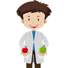 Smiling Young Male Scientist Wearing White Lab Coat Holding Red and Green Apples Representing Health and Nutrition