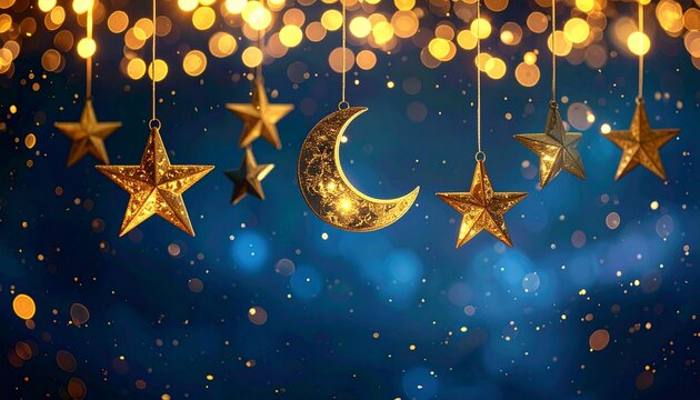 Elegant golden crescent moon and sparkling stars suspended amidst twinkling bokeh lights, evoking a magical ambiance for festive celebrations and enchanting holiday designs
